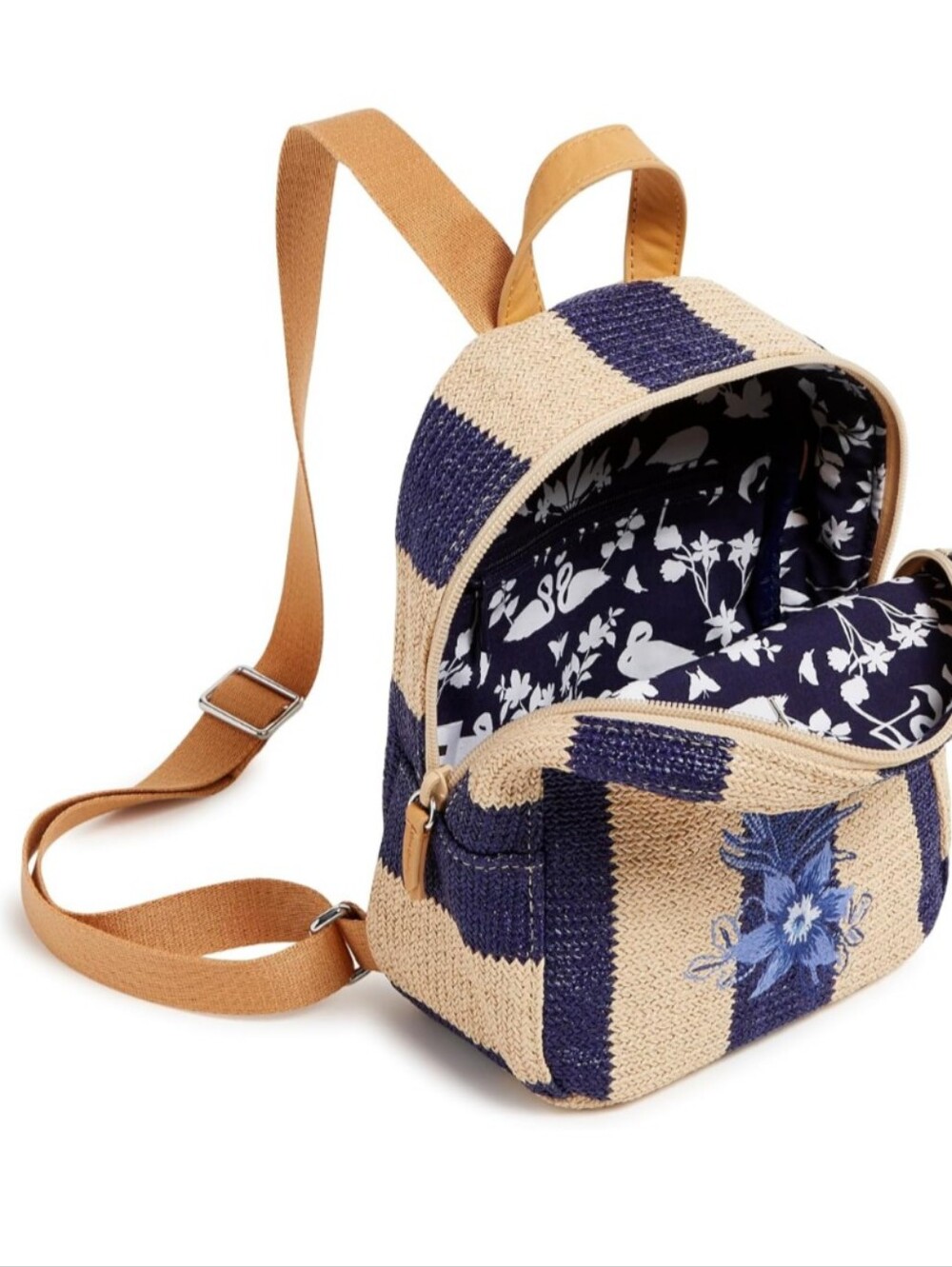 VERA BRADLEY Mini Straw Backpack Navy Blue Floral Embroidered Stripe - Picture 2 of 14